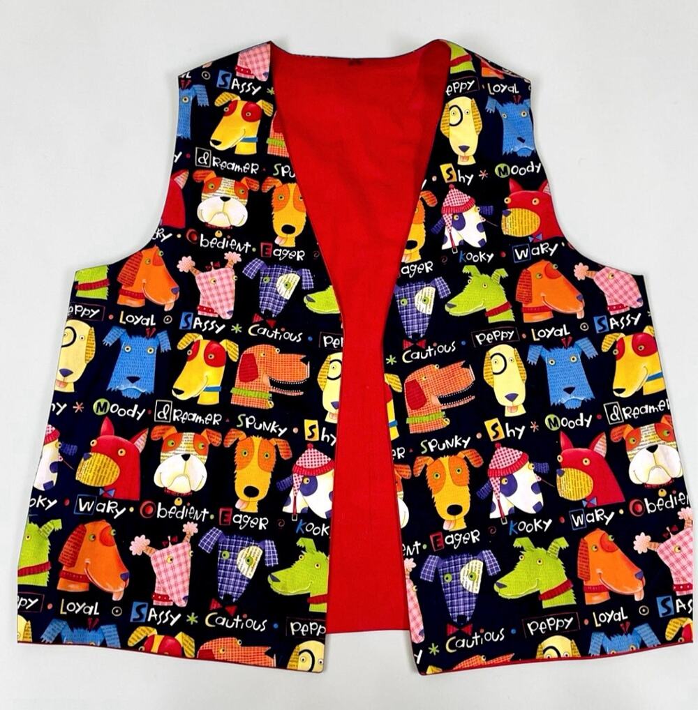 Fun Handmade Dog Print Reversible Vest XL Preppy Artsy Colorful Vintage